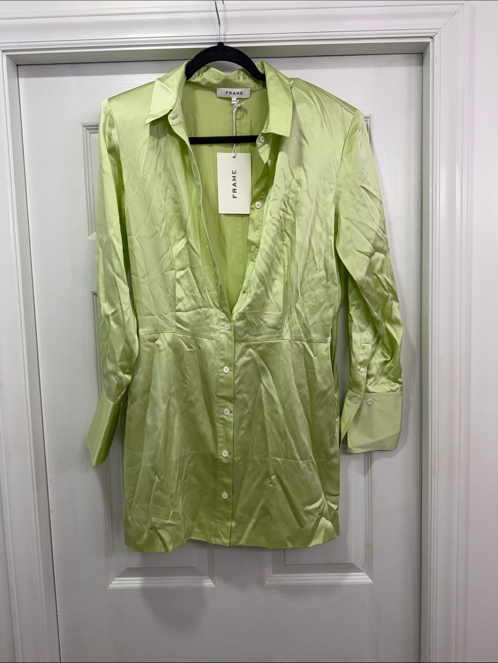 Frame Denim Satin Button-Down Dress in Light Lime